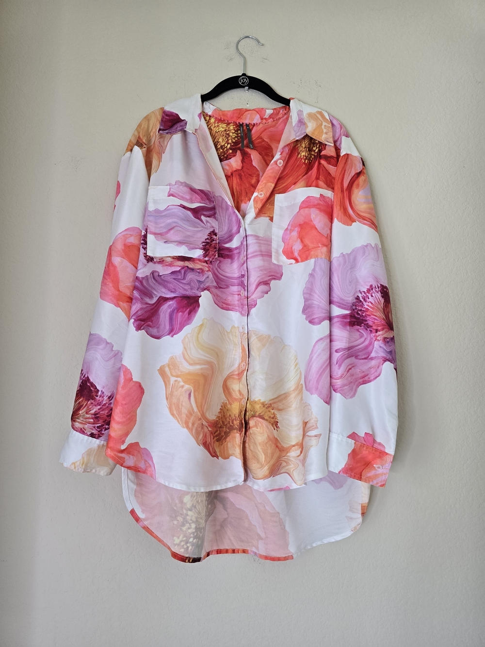 Anthropologie Floral Satin Button Up Blouse Women's Sz XL Purple Orange High Low